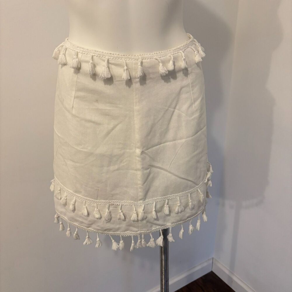 White Linen Blend size Small Tassel Bohemian Vacation Mini Skirt